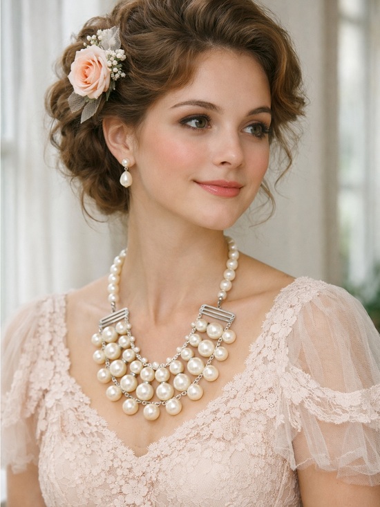 Vintage Jewelry - Vintage Pearl Bib Necklace Gilded Age Revival Adjustable Cosplay Statement